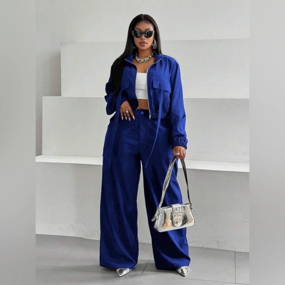 SHEIN Royal Blue Wide Leg Track Pants with Matching Jacket